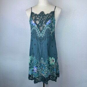 Intimately Free People Lace Floral Print Slip Dress Teal Green Womens Sz Small